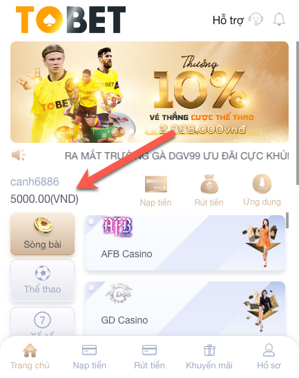 Nạp tiền Tobet thành công
