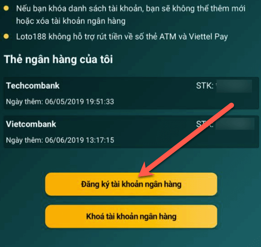 Thêm tài khoản ngân hàng vào loto188